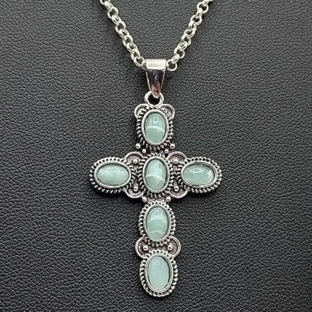 925 Silver Necklace W/ Turquois Cross BOHO Vintage Western Fashion Birthday Gift